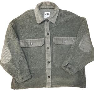 Zara Women's Green Sherpa Jacket With Pockets Size Large Corduroy Accents